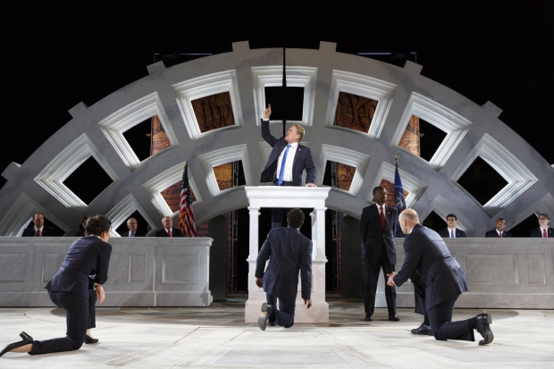 Gregg Henry (center) plays the titular Julius Caesar in the Public theater&#39;s production, directed by Oskar Eustis.