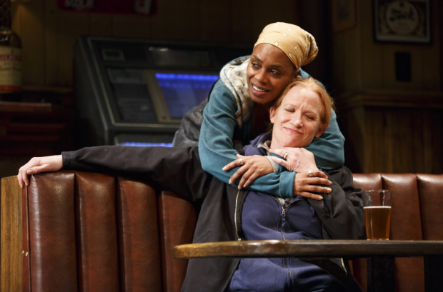 Michelle Wilson (back) as Cynthia with her fellow Tony nominee Johanna Day (Tracey) in Lynn Nottage&#39;s Sweat.