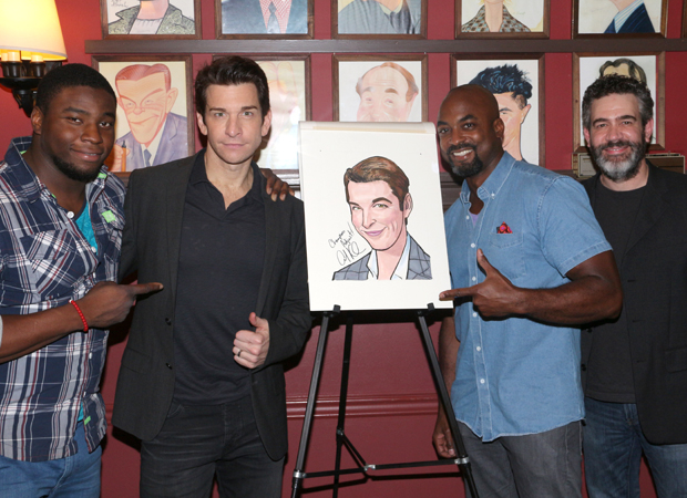 Andy Karl is flanked by his Rocky cast members Okieriete Onaodowan, Terence Archie, and Kevin Del Aguila.