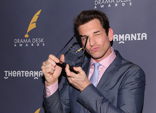 Andy Karl strikes a funny pose with his Drama Desk Award for Groundhog Day.