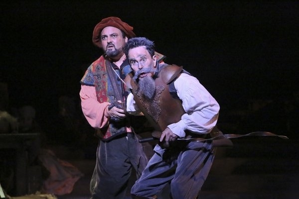 Roland Rusinek and Davis Gaines in Man of La Mancha, directed by Glenn Casale, at La Mirada Theatre.