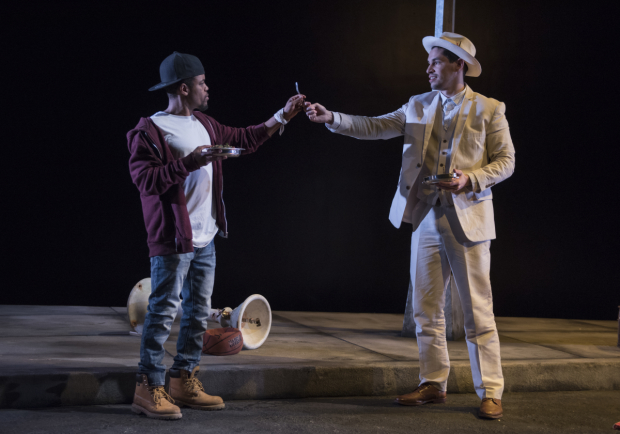 Jon Michael Hill and Ryan Hallahan in a scene from Pass Over, directed by Danya Tyamor, at Steppenwolf Theatre.