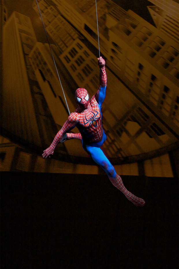 Spider-Man flies through the Foxwoods Theatre in Spider-Man Turn Off the Dark.