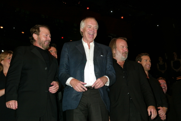 Bjorn Ulvaeus, Tim Rice, and Benny Anderson during the curtain call of a 2003 Actors&#39; Fund benefit concert of their musical Chess.