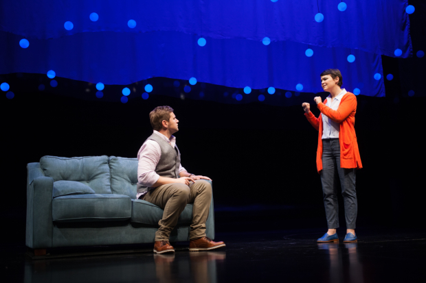 Allen Leech (Roland) and Ginnifer Goodwin (Marianne) in Nick Payne&#39;s Constellations, directed by Giovanna Sardelli, at the Geffen Playhouse.