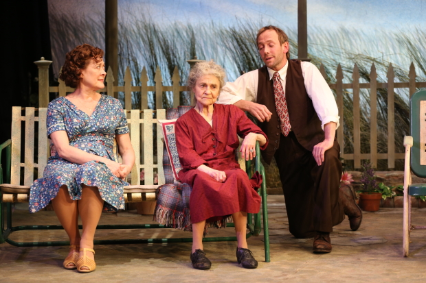 Karen Ziemba, Lynn Cohen, and PJ Sosko in a scene from The Traveling Lady, directed by Austin Pendleton, at the Cherry Lane Theatre.