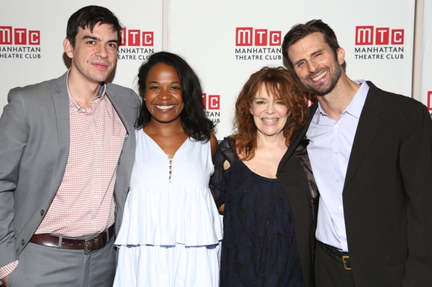 Bobby Moreno, Eboni Booth, Deirdre O&#39;Connell, and Frederick Weller celebrate opening night of Fulfillment Center, directed by Daniel Aukin at New York City Center.
