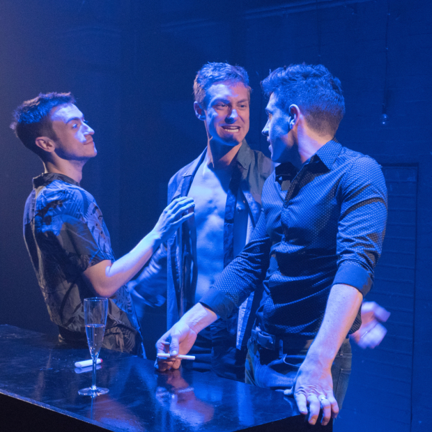 Patrick Reilly, Brandon Haagenson, and Robbie Simpson star in Afterglow, written and directed by S. Asher Gelman, in the Loft at the Davenport Theatre.