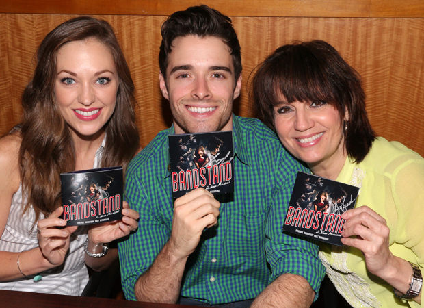 Laura Osnes, Corey Cott, and Beth Leavel show off their Bandstand CDs.