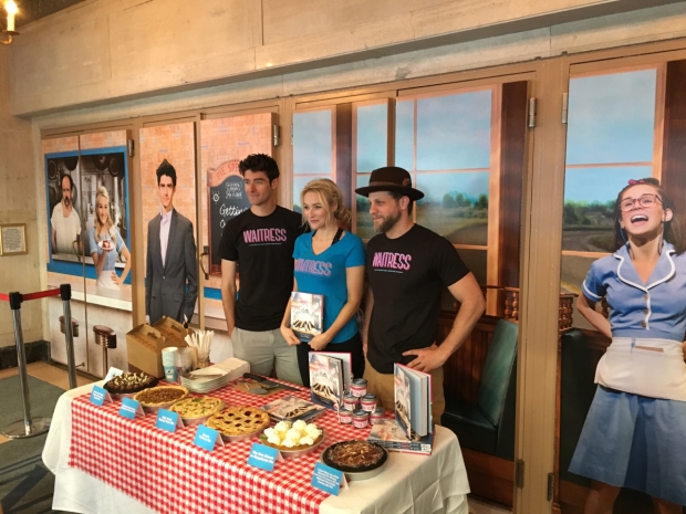 Drew Gehling, Betsy Wolfe, and Joe Tippett sample pies at the Brooks Atkinson Theatre.