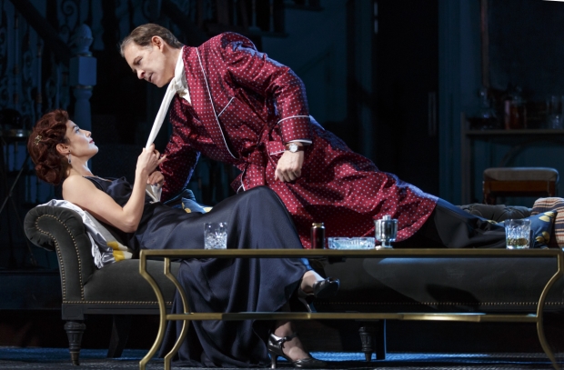Cobie Smulders and Kevin Kline get intimate in Present Laughter on Broadway.
