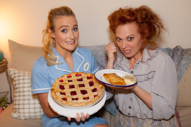 Waitress star Betsy Wolfe and Sweeney Todd leading lady Carolee Carmello trade pies at the Brooks Atkinson Theatre.
