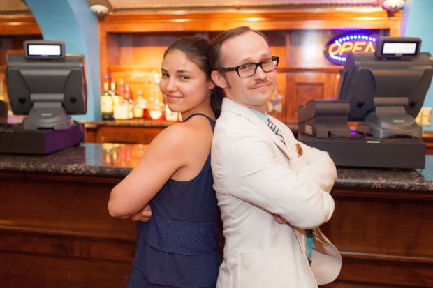 Hayley Levitt and Zachary Stewart square off at the upstairs bar at Broadway&#39;s Brooks Atkinson Theatre, home of Waitress.