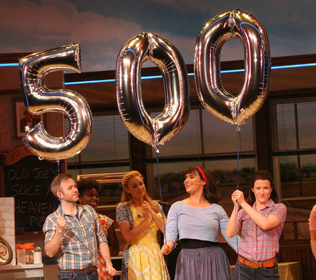 Jeremy Morse, Molly Hager, and Molly Jobe hold up mylar balloons to celebrate the 500th performance of Waitress on Broadway&#39;&#39;.