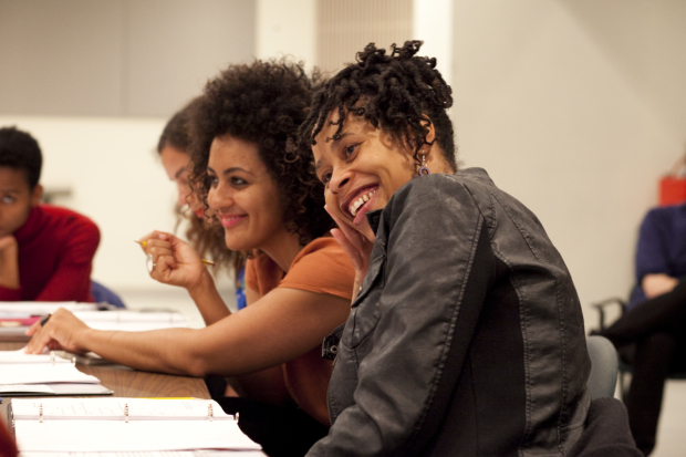 Director Lileana Blain-Cruz and playwright Dominique Morisseau in rehearsal for Pipeline.