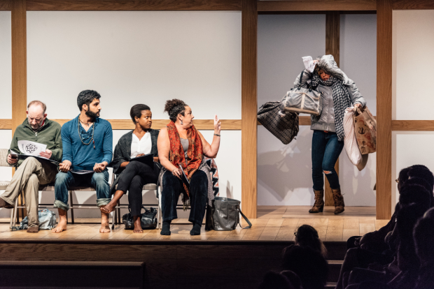 Max Baker, Babak Tafti, Quincy Tyler Bernstine, Marcia DeBonis, and Zoë Winters in Bess Wohl&#39;s Small Mouth Sounds, directed by Rachel Chavkin.