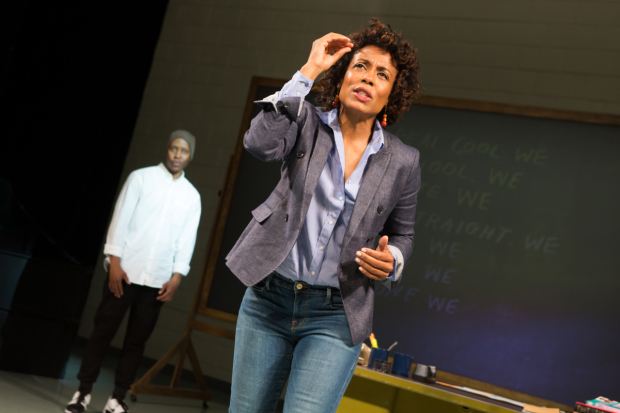 Karen Pittman (foreground) and Namir Smallwood (background) in Pipeline, directed by Lileana Blain-Cruz, at Lincoln Center&#39;s Mitzi E. Newhouse Theater.