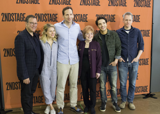The cast and creative team of A Parallelogram: Michael Greif, Celia Keenan-Bolger, Stephen Kunken, Anita Gillette, Juan Castano, and Bruce Norris.