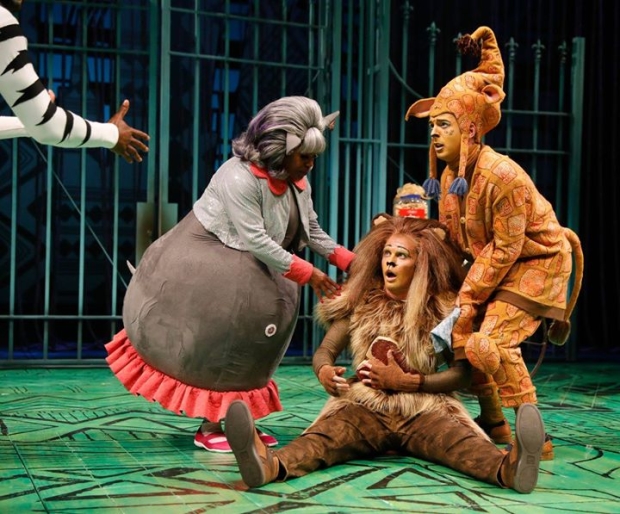 Lisa Estridge (Gloria), Stephen Schellhardt (Melman,) and Jordan Brown (Alex) in a scene from Madagascar, directed by Rachel Rockwell, at Chicago Shakespeare Theater.