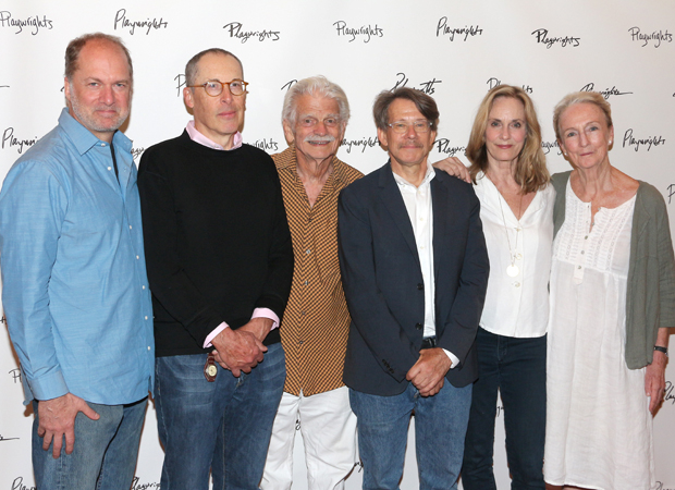 The company of For Peter Pan on Her 70th Birthday: Daniel Jenkins, David Chandler, Ron Crawford, Keith Reddin, Lisa Emery, and Kathleen Chalfant.