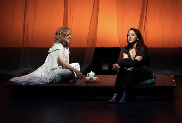 Mama Sid (Nancy Anderson, left) and Raina (Samia Mounts) enjoy tea and each other&#39;s company in The Fourth Messenger, directed by Matt August, at the Acorn Theatre.