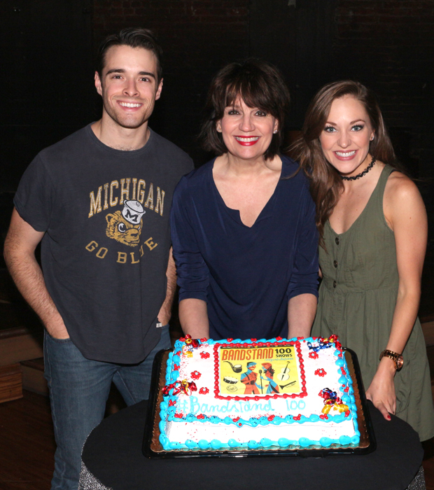 Corey Cott, Beth Leavel, and Laura Osnes toast their 100th show.