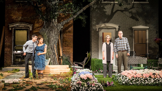 From left to right: Dan Domingues, Jacqueline Correa, Sally Wingert, and Steve Henrickson in the ongoing Guthrie Theater production of Karen Zacarías&#39;s Native Gardens. All four actors will reprise their roles for the upcoming Arena Stage run.