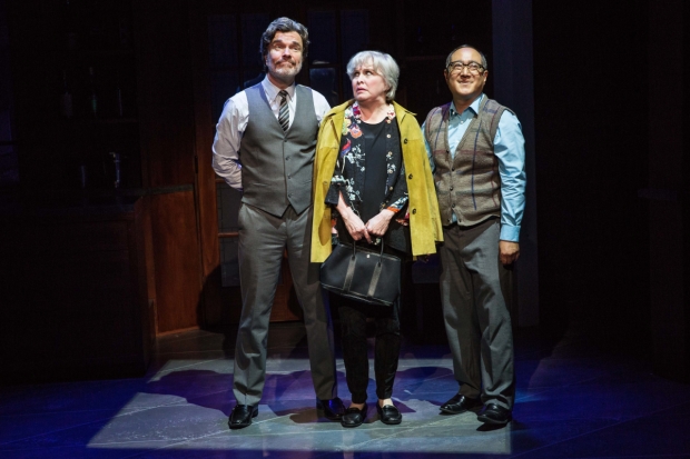 Bobby (Nancy Opel, center) faces the embarrassment of a prolonged elevator ride standing between the elevator operator (Christopher Shyer) and her date (Alan Muraoka).