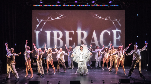 Samuel Floyd (center) leads the cast of Ben, Virginia and Me: The Liberace Musical, directed by Paul Stancato, for NYMF at the Acorn Theatre.