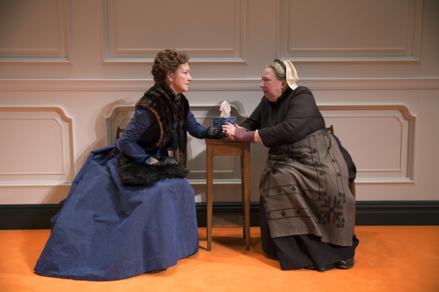 Nora (Julie White) reunites with Anne Marie (Jayne Houdyshell) in A Doll&#39;s House, Part 2 at Broadway&#39;s John Golden Theatre. 