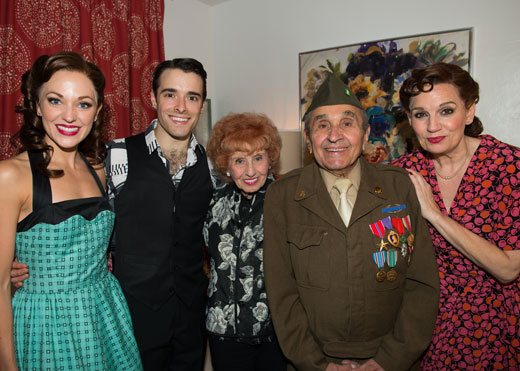 Laura Osnes, Corey Cott, Elinor Otto, Luke Gasparre, and Beth Leavel grab a photo after a performance of Bandstand.