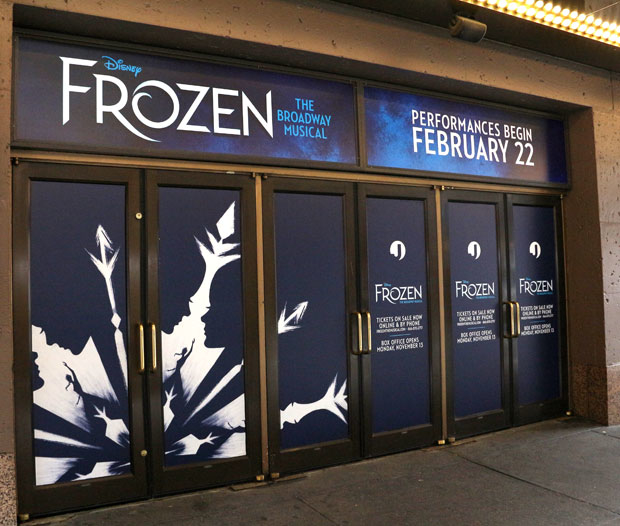 Frozen&#39;s front of house artwork takes shape at the St. James Theatre.