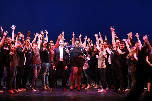 Christopher J. Hanke and Alex Newell pose with students of Broadway Dreams Philadelphia.