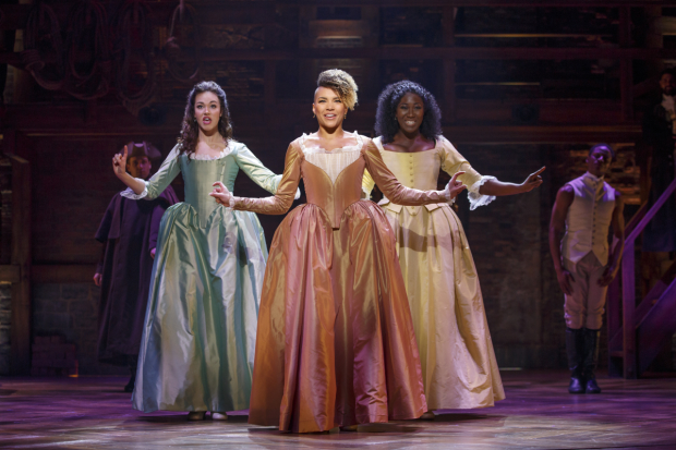 Solea Pfeiffer (Eliza), Emmy Raver-Lampman (Angelica), and Amber Iman (Peggy) in the national tour of Hamilton.