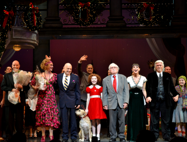 Thomas Meehan (fifth from left) with the cast and creative team of the 2012 revival of Annie.