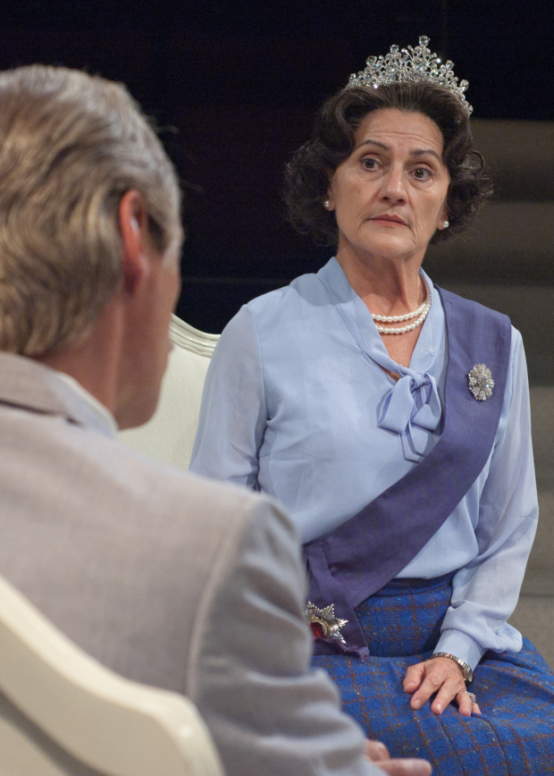 Janet Ulrich Brooks as Queen Elizabeth II and Mark Ulrich as Anthony Eden in The Audience at TimeLine Theatre Company, directed by Nick Bowling.
