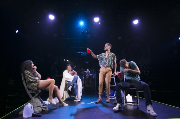 Krystina Alabado (Holly), Lincoln Clauss (Bobby), Perry Sherman (Will), and Ken Clark (Zak) in Burn All Night, directed by 	Jenny Koons, at the American Repertory Theater.