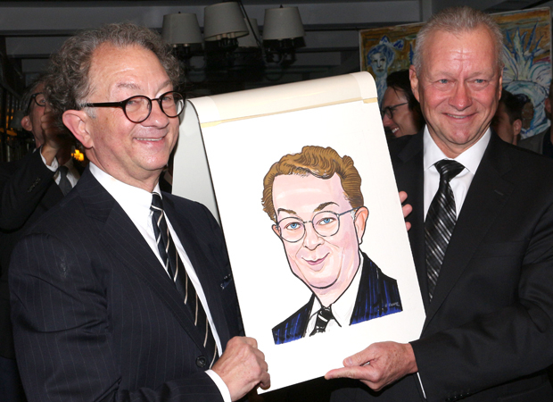 Max Klimavicius (right) helps celebrate William Ivey Long&#39;s (left) 70th birthday by presenting him with a portrait.