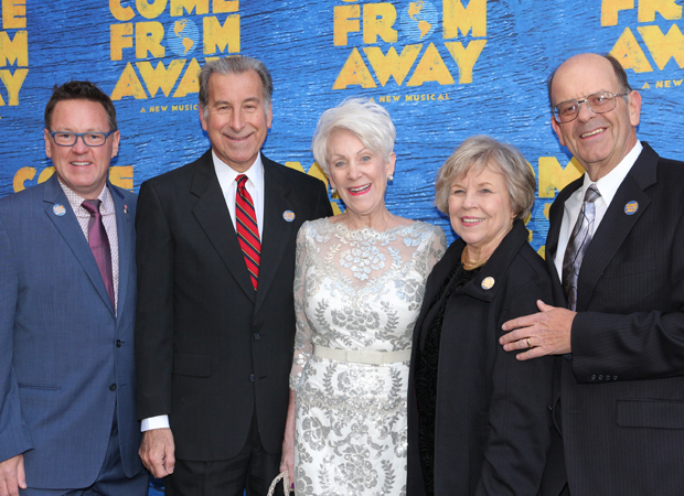 Real-life Come From Away inspirations Kevin Tuerff, Tom Stawicki, Beverley Bass, Diane Marson, and Nick Marson at the musical&#39;s opening night celebration.