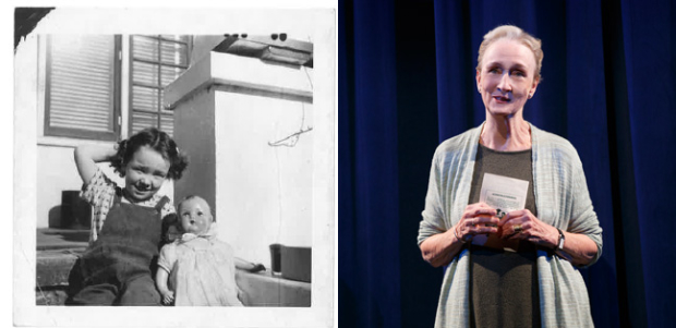 Kathleen Chalfant as a child (left) and in a scene from For Peter Pan on Her 70th Birthday (right).