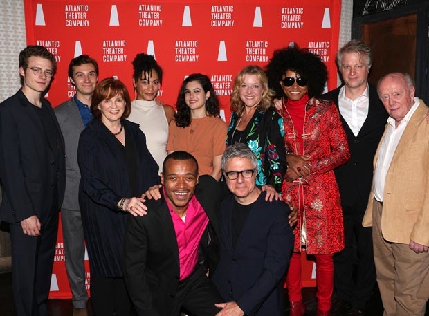The company of On the Shore of the Wide World celebrate opening night at Atlantic Theater Company.