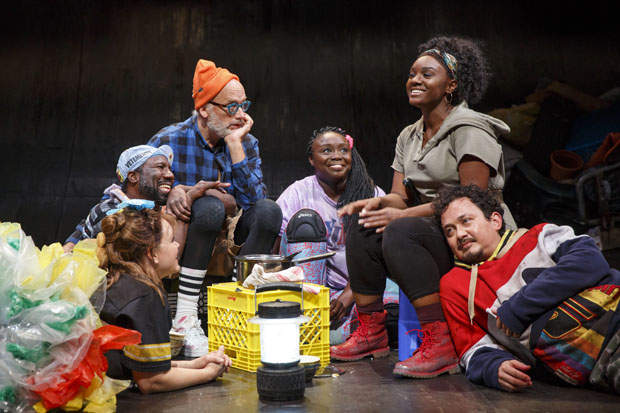 Ana Reeder, Russell G. Jones, Frank Wood, Jocelyn Bioh, Saycon Sengbloh, and Michael Braun star in Suzan-Lori Parks&#39;s In the Blood, directed by Sarah Benson, at Signature Theatre.