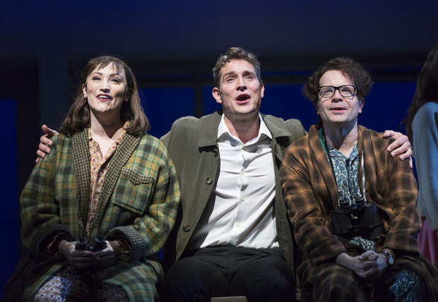 Eden Espinosa, Mark Umbers, and Damian Humbley in Merrily We Roll Along, directed by Maria Friedman, at the Huntington Theatre Company.