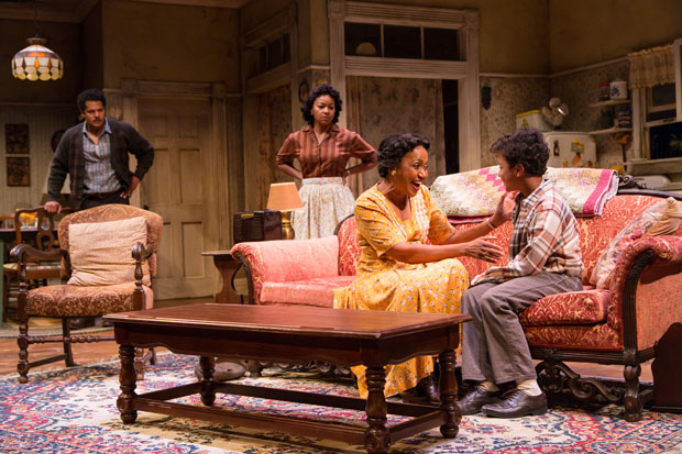 Brandon J. Dirden (Walter Lee Younger), Crystal A. Dickinson (Ruth Younger), Brenda Pressley (Lena Younger), and Owen Tabaka (Travis Younger) in A Raisin in the Sun at Two River Theater. 