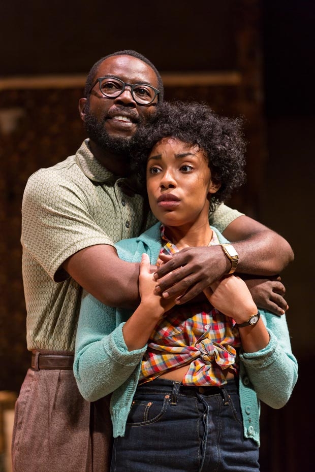 Charlie Hudson III (Joseph Asagai) and Jasmine Batchelor (Beneatha Younger) in A Raisin in the Sun at Two River Theater. 
