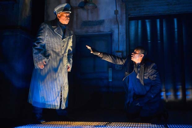 John Douglas Thompson (right) is visited by the Ghost of his father (Steven Anthony Jones) in Hamlet, directed by Carey Perloff, at the American Conservatory Theater.