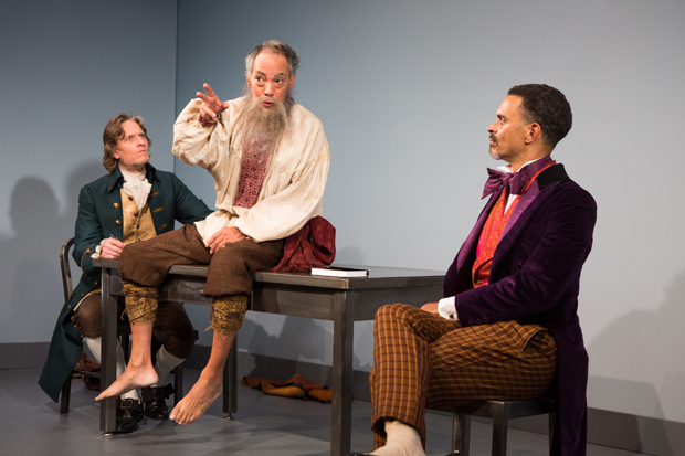 Michael Laurence plays Thomas Jefferson, Thom Sesma plays Leo Tolstoy, and Duane Boutté plays Charles Dickens in Scott Carter&#39;s Discord at the Cherry Lane Theatre.