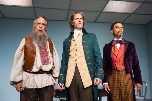 Thom Sesma, Michael Laurence, and Duane Boutté star in Scott Carter&#39;s The Gospel According to Thomas Jefferson, Charles Dickens and Count Leo Tolstoy: Discord, directed by Kimberly Senior, for Primary Stages at the Cherry Lane Theatre.