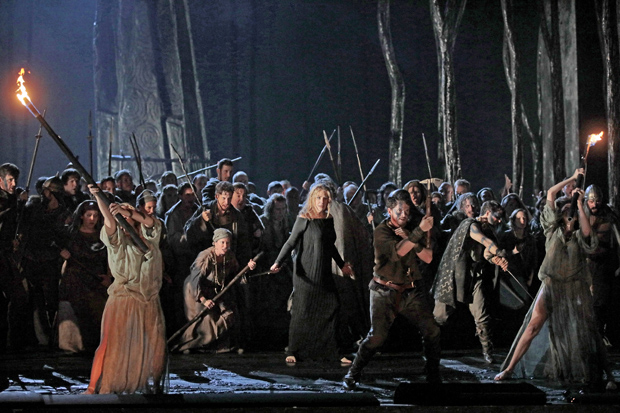 Norma (Sondra Radvanovsky, center) calls a Celtic army to war in Vincenzo Bellini&#39;s Norma, directed by David McVicar, at the Metropolitan Opera.
