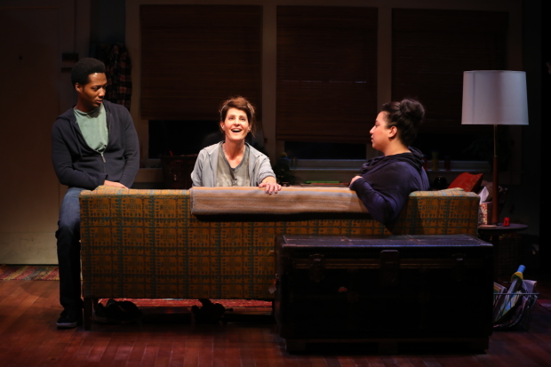 Hubert Point-Du Jour, Nia Vardalos, and Natalie Woolams-Torres in a scene from Tiny Beautiful Things, adapted by Vardalos and directed by Tommy Kail, at the Public Theater.